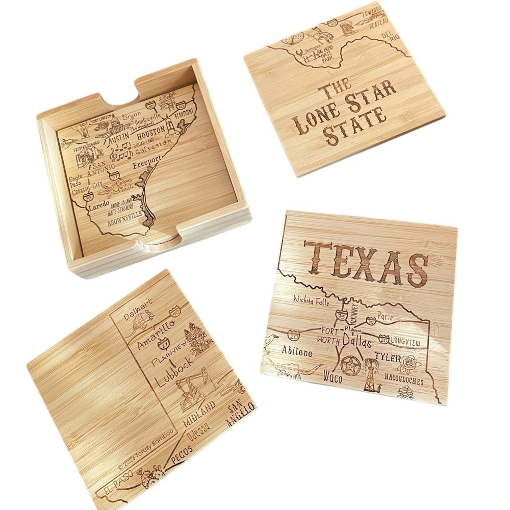 Totally Bamboo Texas Map Coaster Set Lone Star State Engraved Wood 4pc Holder